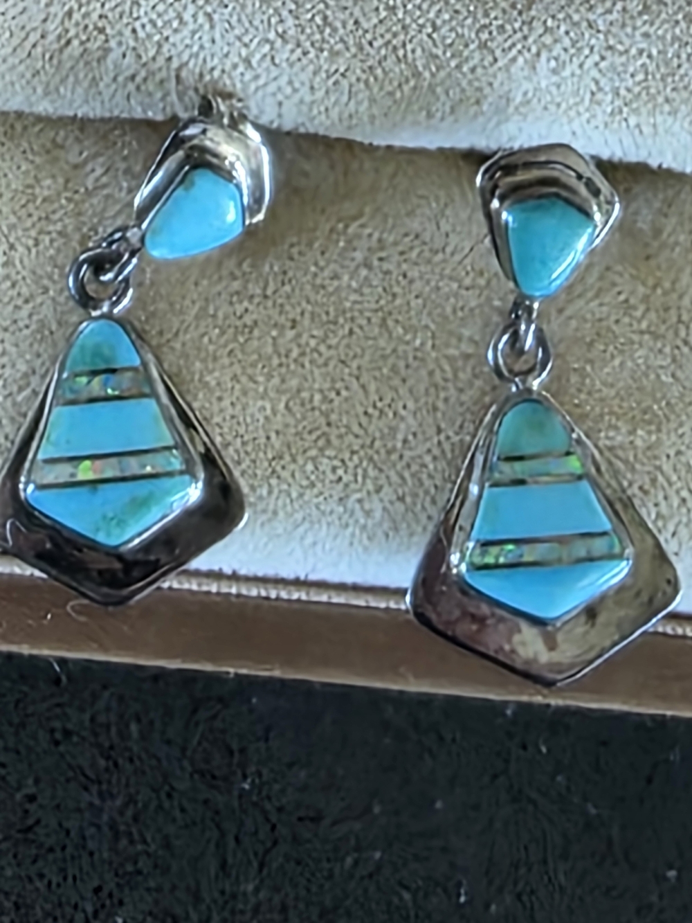 Sterling Silver Native American Turquoise and Opal Inlay Earrings - Picture 3 of 5